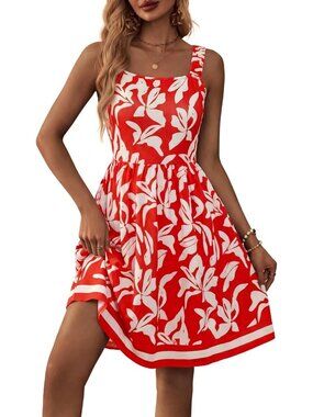 Women's Summer Square Neck Dress with Pocket Sleeveless Flower-77 High Waist